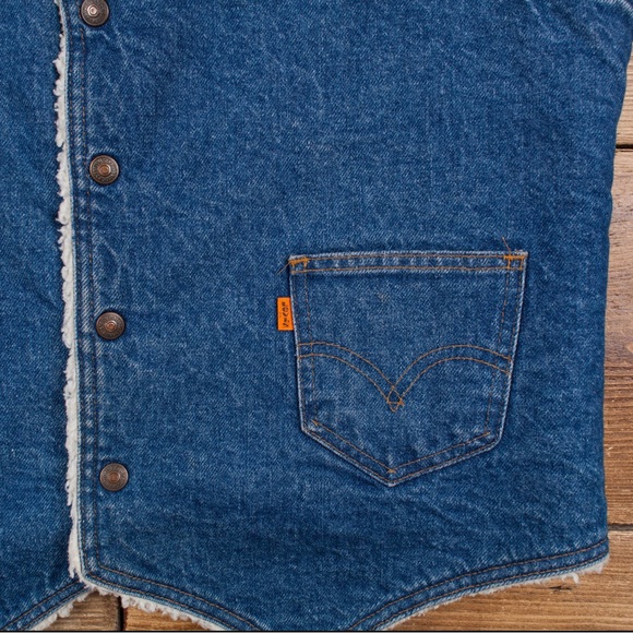 Levi's Blue Denim Jean Sherpa Vest Size M Vintage Made USA orange label - Picture 4 of 9